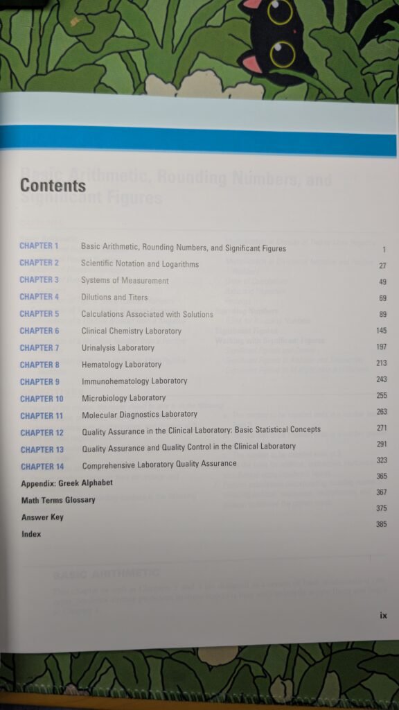 Mathematics of the Clinical Laboratory, Table of Contents